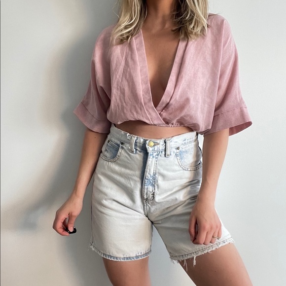 ASOS Pink Deep V Neck Crop Top Blouse Dolman Sleeve Cinched Waist Small